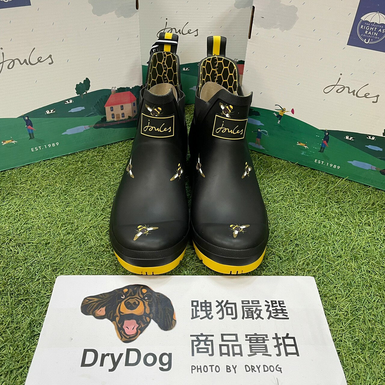 跩狗嚴選 代購 英國 JOULES WELLIBOB 黑色 手繪 黃底 蜜蜂 Bee 短筒雨靴 雨鞋 低筒