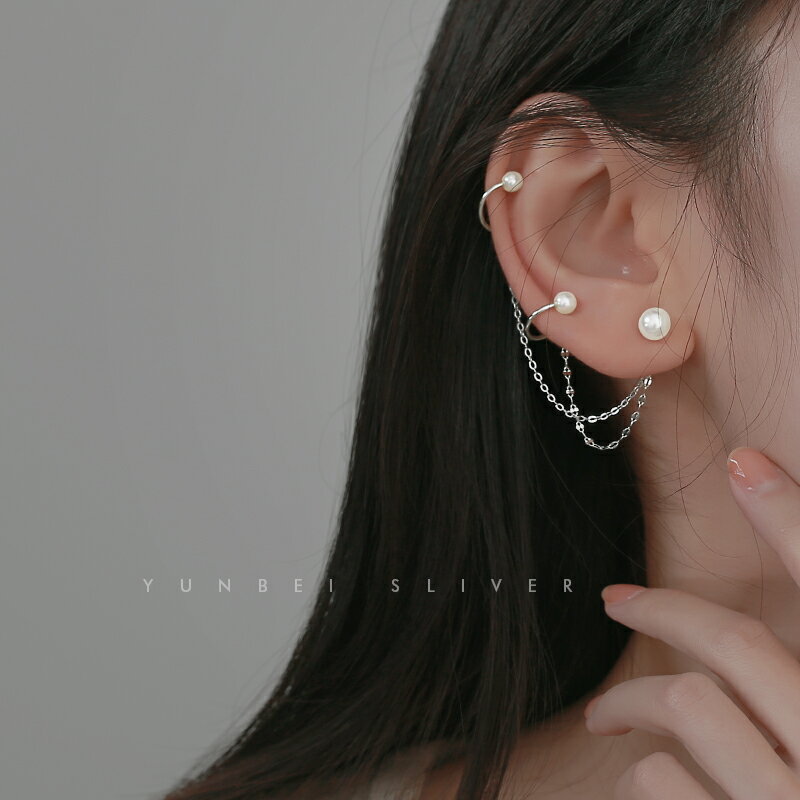珍珠流蘇耳釘女純銀高級感氣質復古耳夾小眾設計感耳骨耳環一體式