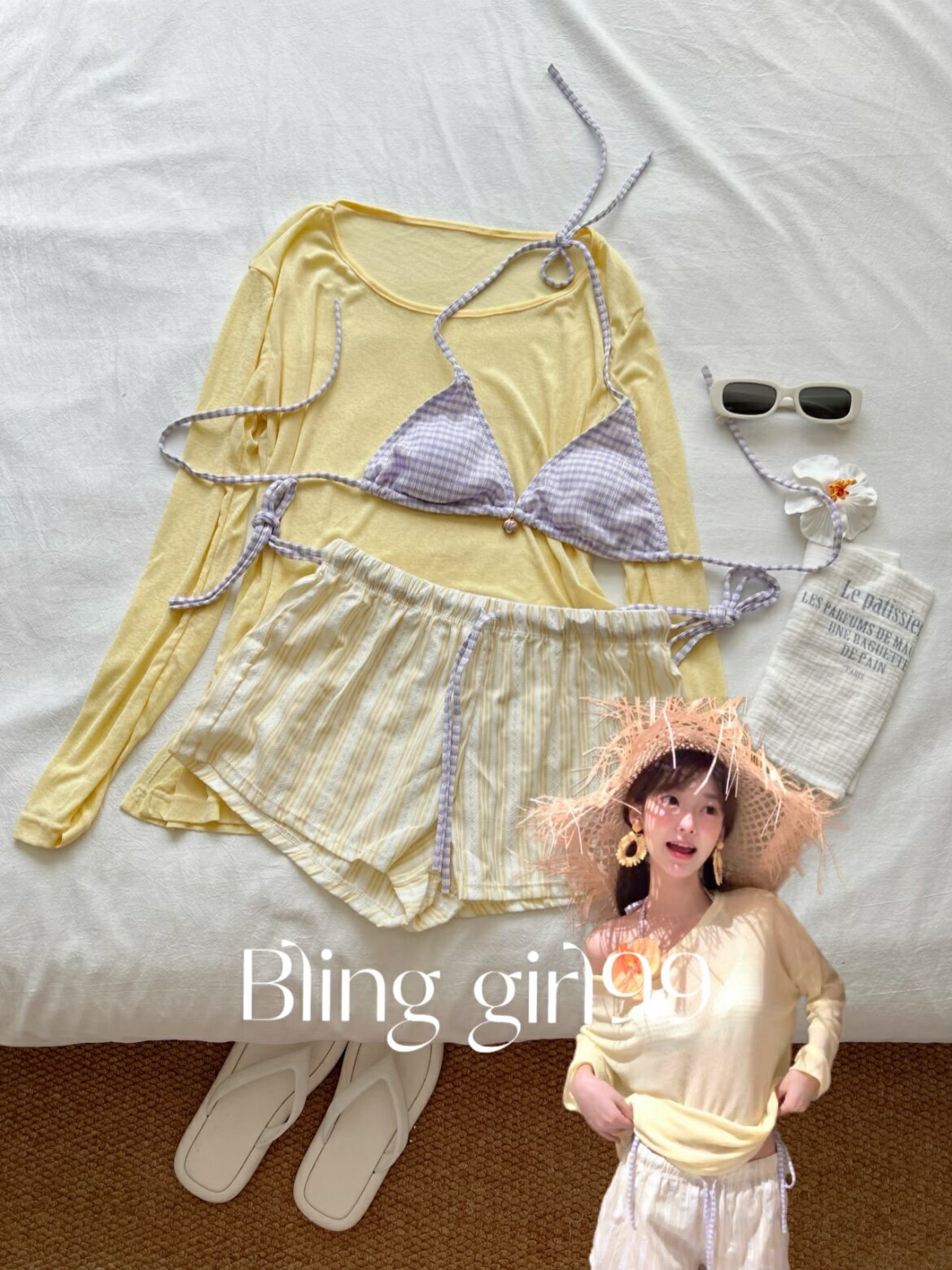 【喜挖】【半糖主義氛圍感顯瘦百搭T恤女比基尼分體泳衣女夏短褲比基尼