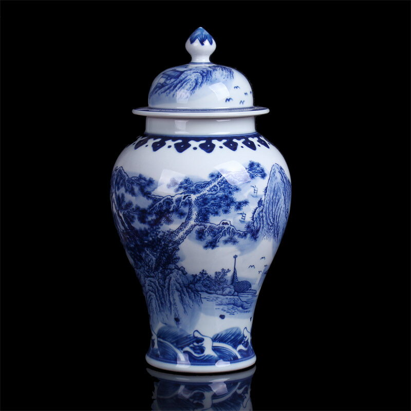 景德鎮陶瓷器 仿古青花瓷將軍罐儲物山水花瓶中式客廳裝飾品擺件