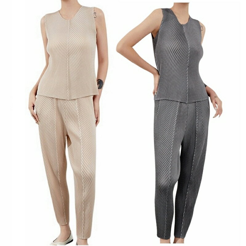 現貨+預購 三宅風上衣褶衣套裝女上衣長褲高級折衣彈力女裝顯瘦摺衣大碼-背心休閒褲4色74lj13【獨家進口】【米蘭精品】