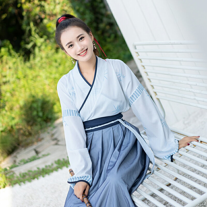 中國風傳統改良漢服女裝連衣裙條紋印花交領襦裙齊腰套裝日常秋款1入