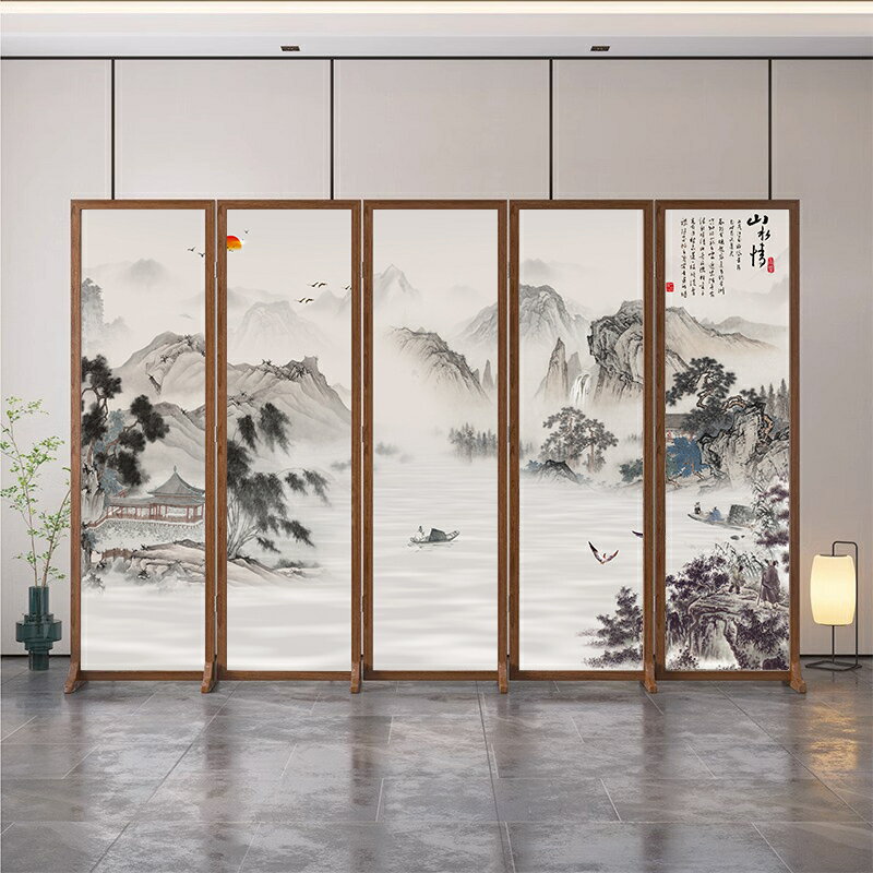 新中式屏風復古山水實木折疊移動辦公室茶室遮擋現代簡約折屏/屏風/擋風屏/隔斷屏/遮擋屏/折疊屏/玄關屏風/客廳屏風