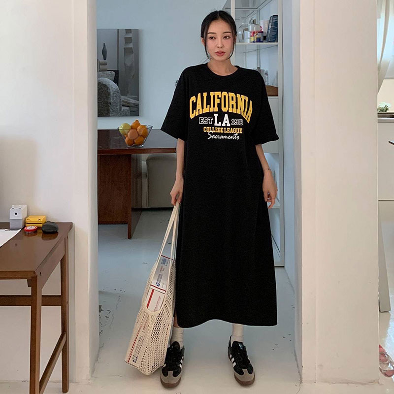 ANNAS 正韓 LA字母懶人裙 洋裝 短袖 長裙 長洋 休閒 運動 長版T 顯瘦 寬鬆 棉質 長洋裝 韓國 2