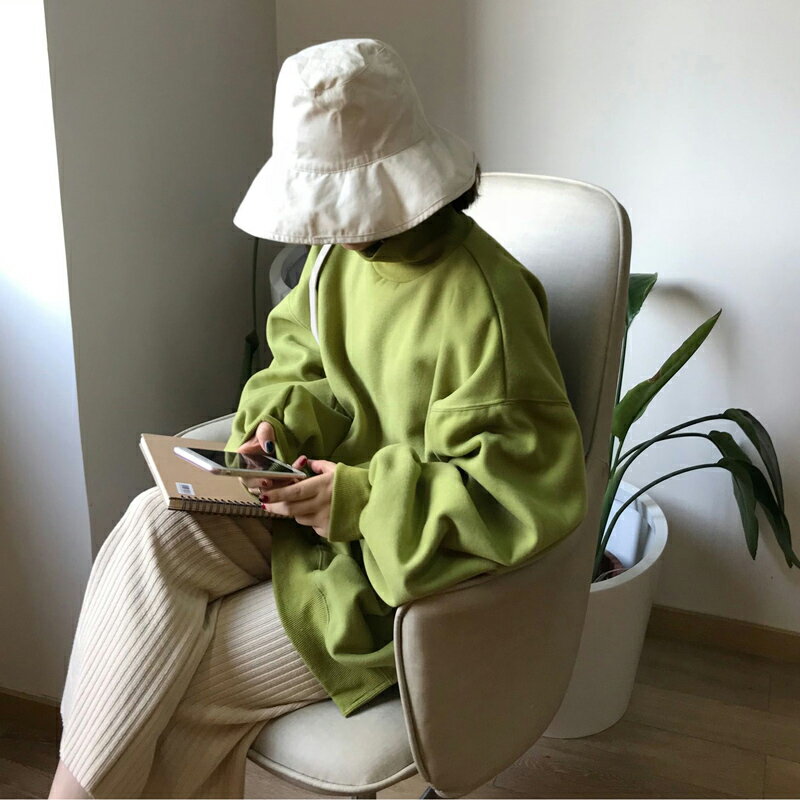 秋季女裝寬松高領燈籠袖加絨長袖衛衣加厚中長款開叉休閑上衣1入