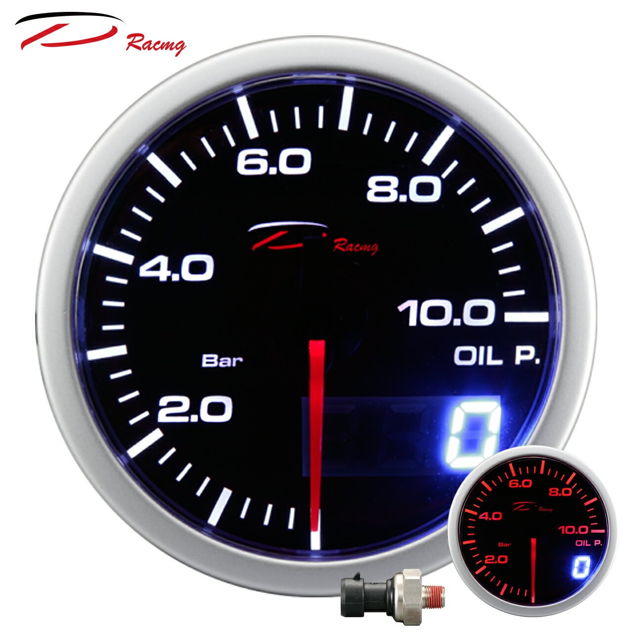 【D Racing三環錶/改裝錶】60mm油壓錶 OIL PRESSURE 搭配電子式感應器。Dual View 指針+數字雙顯示系列。錶頭無設定功能。