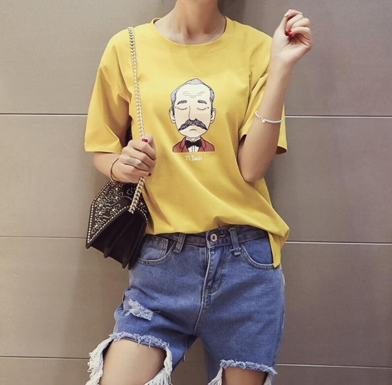 FINDSENSE MD 韓國時尚 女 寬鬆 卡通老人頭圖案印花 短袖T恤 學生短T 圓領T恤