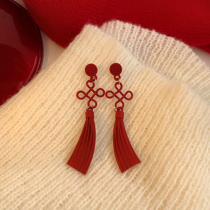 秋冬復古中國結流蘇耳釘女年新款潮耳環s925銀針紅色過年耳飾