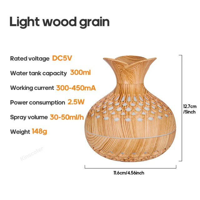 【日本代購】花瓶香薰機 300ml 木紋便攜式空氣加濕器精油擴散器噴霧器超音波霧化器 RGB 燈