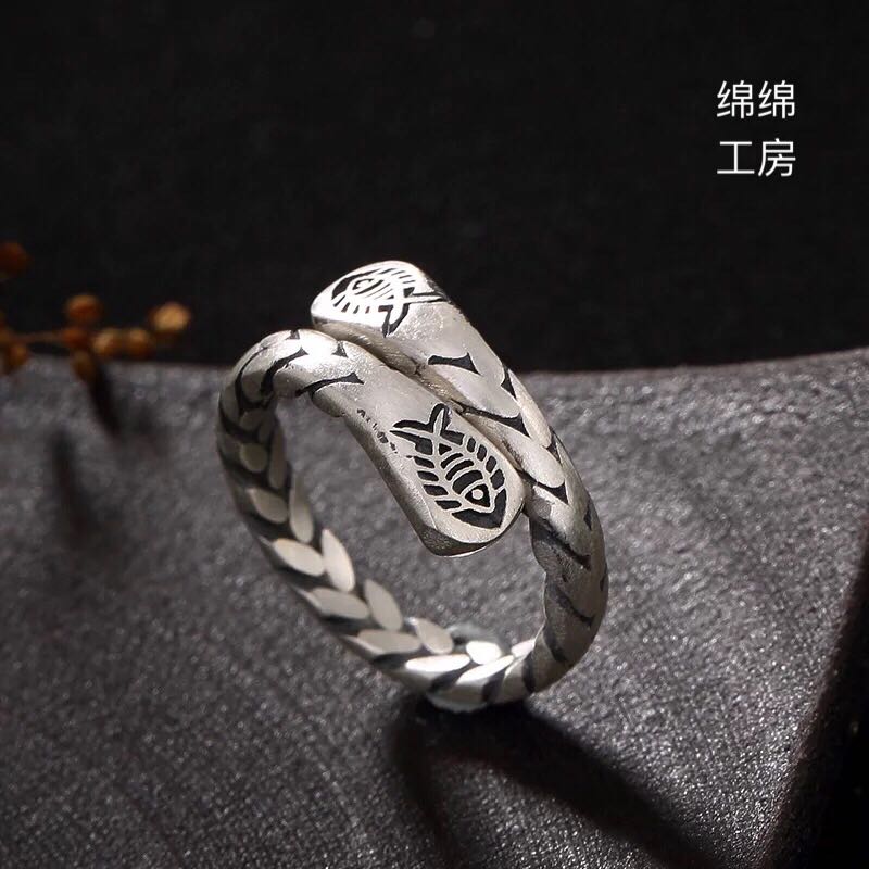 S990足銀小魚花紋編織開口純銀戒指女士復古款可愛個性百搭指環