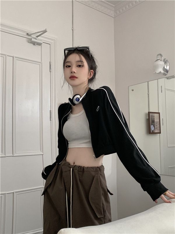 薄外套休閒外套女美式復古修身顯瘦小眾設計感拉鏈衛衣女春季新款