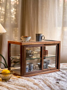 掬涵 黑胡桃木實木玻璃茶柜展示柜茶室茶具儲物陳列柜防塵收納柜