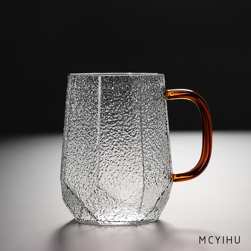 錘紋玻璃杯子透明水杯辦公室喝水杯子帶把綠茶杯馬克杯大容量茶杯