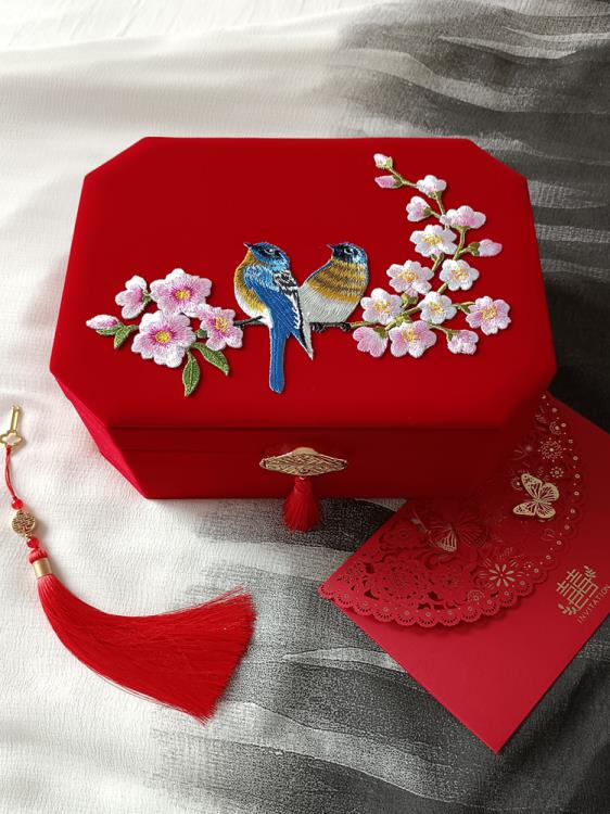 中式婚禮嫁妝匣雙層梅花刺繡鎖首飾盒女友閨蜜新婚結婚生日禮物品