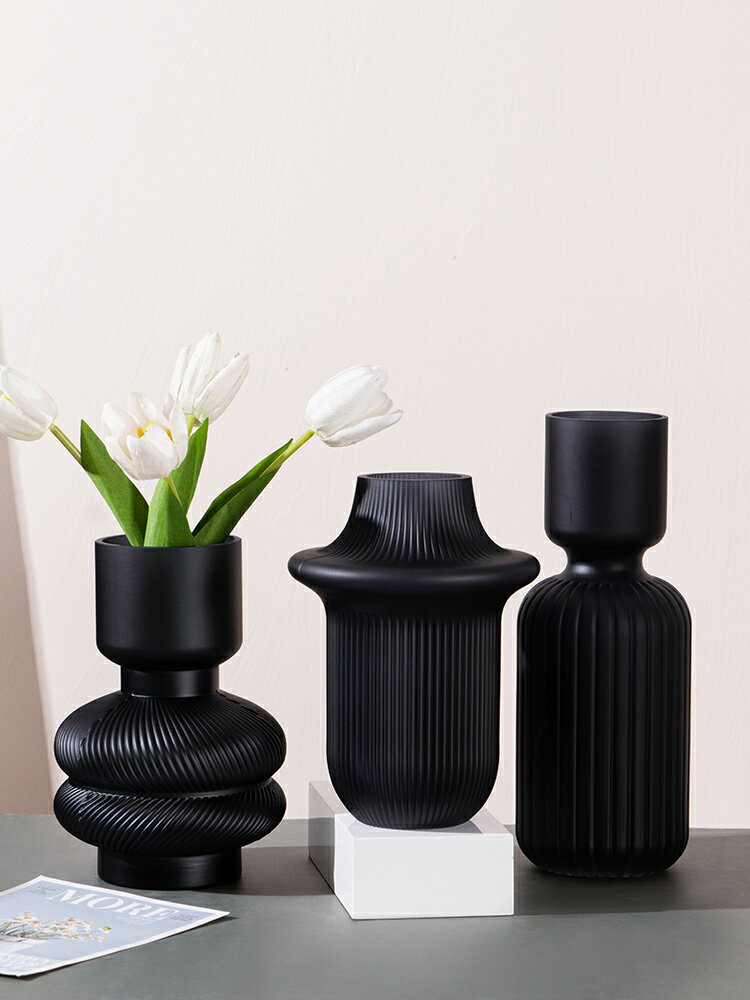 2021 新款玻璃花瓶復古浮雕透明輕奢ins網紅客廳插花黑色玄關擺件
