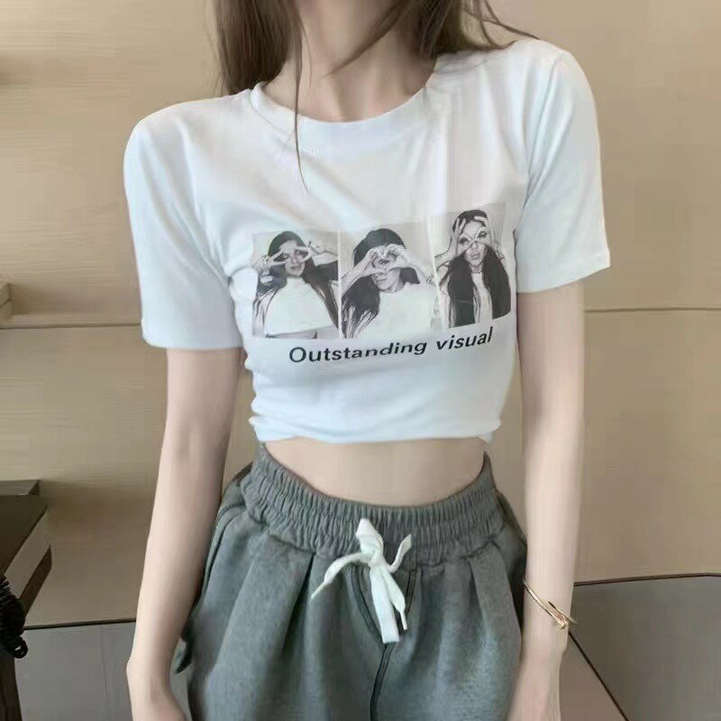 夏季新款chic港味印花純棉短袖T恤女辣妹性感高腰短款上衣
