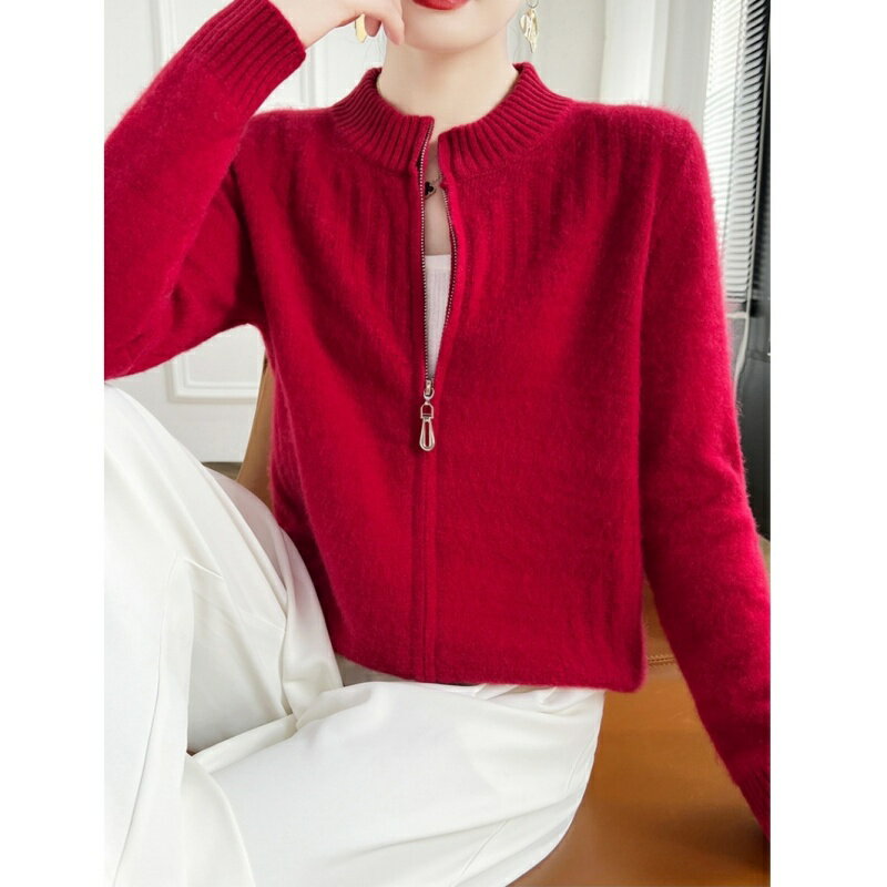 【巴黎精品】現貨+預購 100%羊毛外套針織毛衣-保暖休閒簡約圓領拉鍊提花女外套3色a1id52