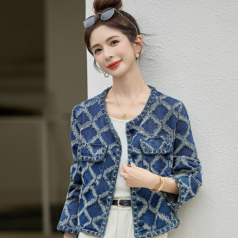 【巴黎精品】現貨+預購 韓風牛仔外套經典丹寧夾克牛仔襯衫大碼休閒女裝-格紋毛邊圓領牛仔女外套a1ln39