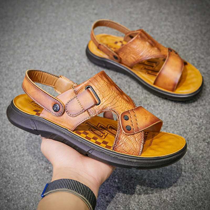 【臺灣公司貨】免運/快速出貨 鞋子 男鞋 頭層牛皮夏季男士涼鞋真皮休閑沙灘鞋男款爸爸皮拖透氣涼拖男鞋軟