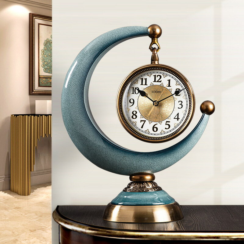 月牙鐘表石靜音座鐘擺客廳臥室時鐘複古式歐式式擺鐘C