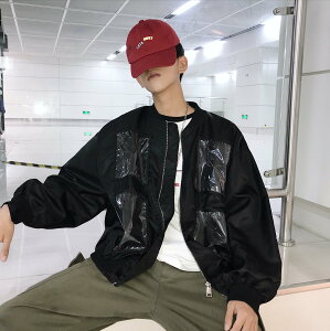 FINDSENSE品牌 韓國時尚 秋冬裝 PVC口袋 寬鬆 夾克外套 個性拼接 超火男裝