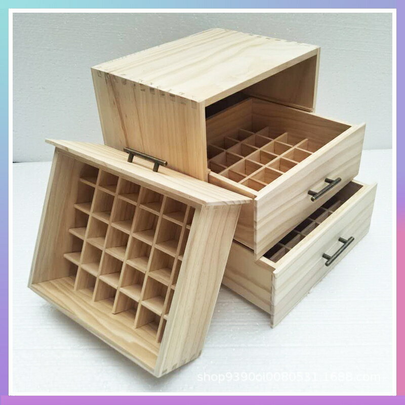 【新品】【促銷】90格三層精油木箱純松木收納箱可放多特瑞515ML精油瓶三層抽屜收納櫃精油純松木盒