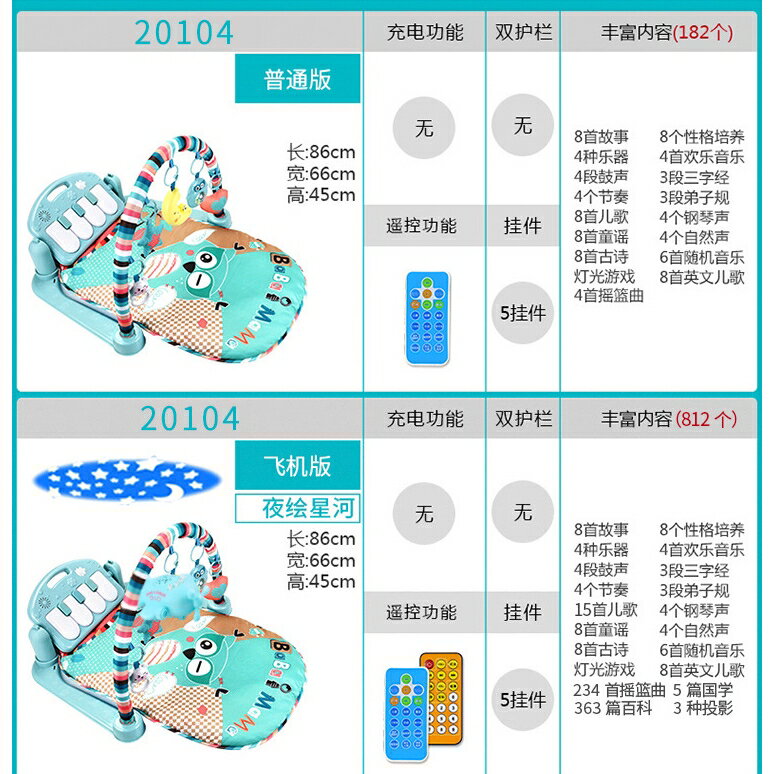 音樂健身架飛機投影故事機加大雙圍欄健身鋼琴音樂游戲毯遙控踢踢琴玩具健力架哄睡神器 5