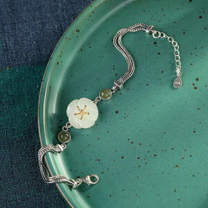 鍍S925純銀復古做舊白玉碧玉鑲嵌梅花女士宮廷古風手環蛇骨手鏈