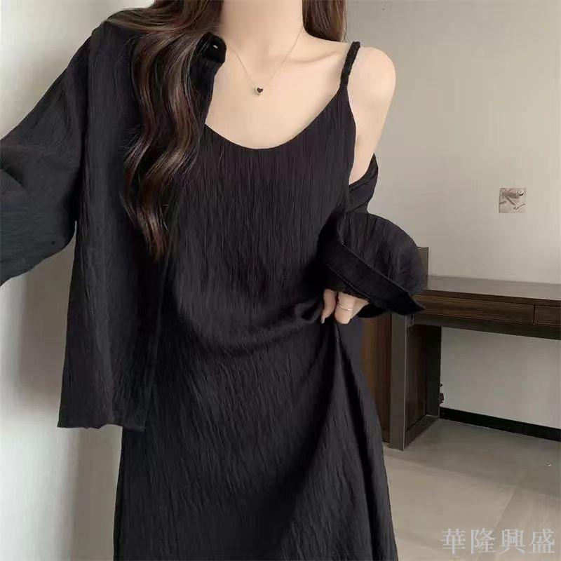 華隆 春夏小眾黑色百搭中長裙時尚遮肉女裝連衣裙爆款過膝純色垂感長裙