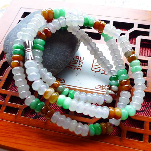 正品翡翠a貨老坑冰種三彩算盤珠項鏈手鏈掛鏈毛衣鏈玉石帶證書