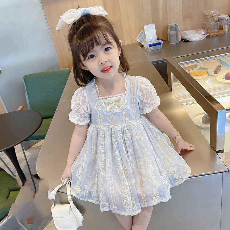 韓國女童蕾絲洛麗塔裙公主裙2022新款兒童洋氣裙子寶寶夏裝連衣裙