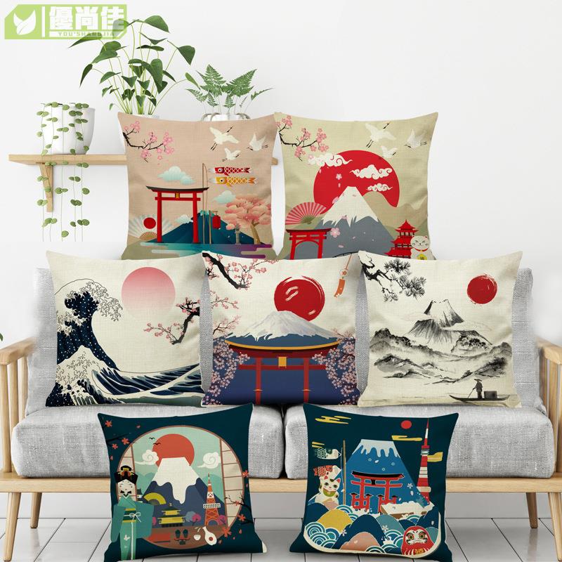 富士山民族復古亞麻沙發靠墊套子 日式和風布藝浮世繪亞麻抱枕