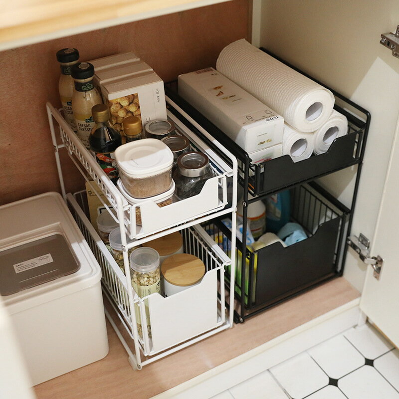 下水槽置物架可抽拉帶抽屜調料架櫥柜內分層雙層收納架用品收納