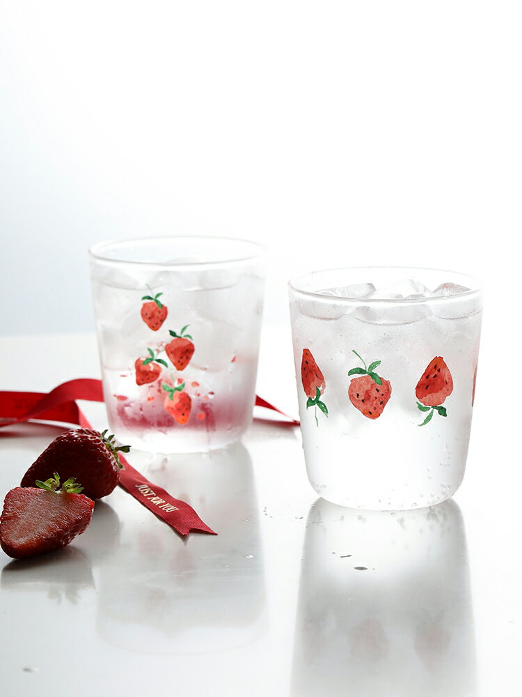 藍蓮花草莓玻璃杯女ins風網紅杯子可愛家用牛奶杯透明水杯果汁杯