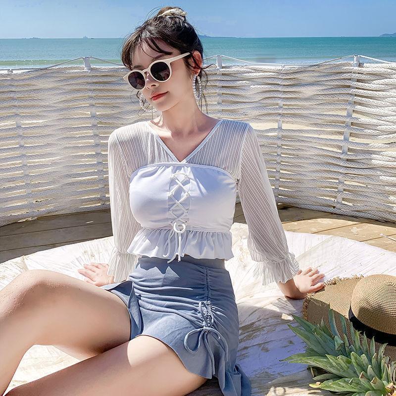 泳衣女分體性感長袖防曬裙式小胸聚攏溫泉 ins超仙保守仙女範泳裝