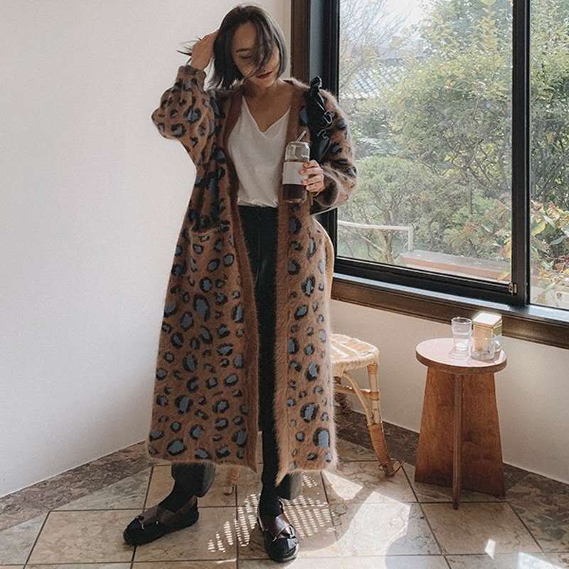 【巴黎精品】現貨+預購 針織外套長袖毛衣-時尚豹紋過膝長款海馬毛女外套咖色a1in27