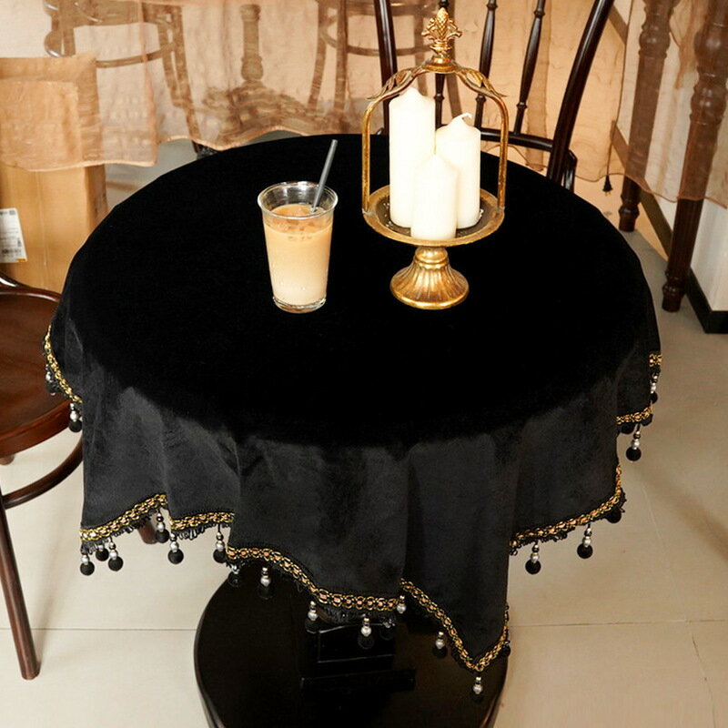 黑色流蘇餐桌布藝小圓桌長方形茶幾布蓋布歐式美式輕奢可