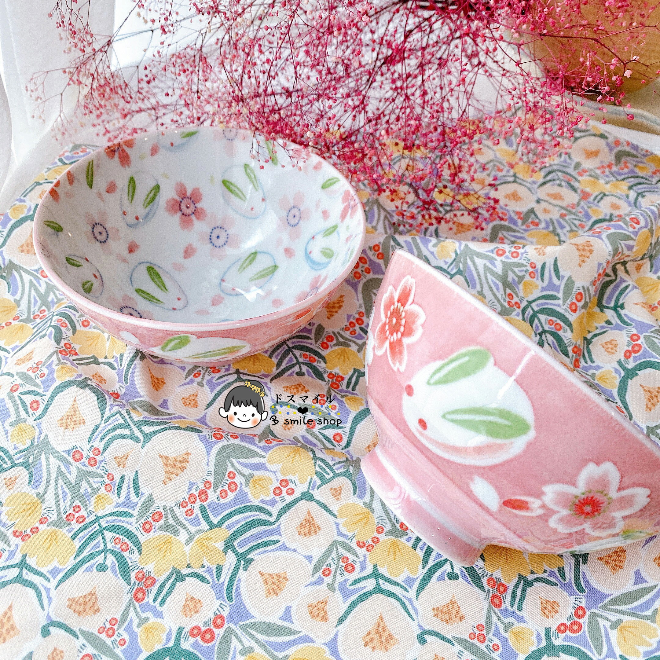 進口美濃燒可愛粉色櫻花兔子釉下彩陶瓷飯碗