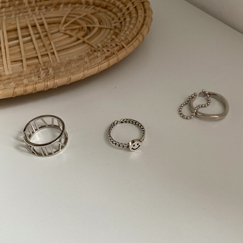 925純銀羅馬數字鏤空戒指女ins潮時尚笑臉個性冷淡風圓珠鏈食指戒 1