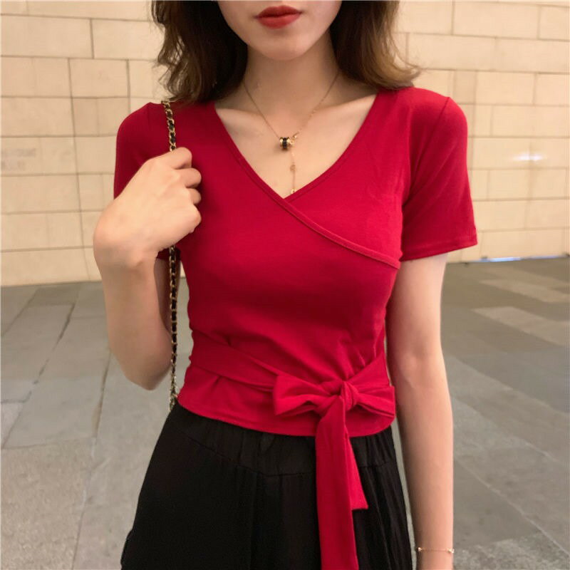 性感V領小心機綁帶顯瘦短款上衣夏季新款韓版修身短袖T恤女潮