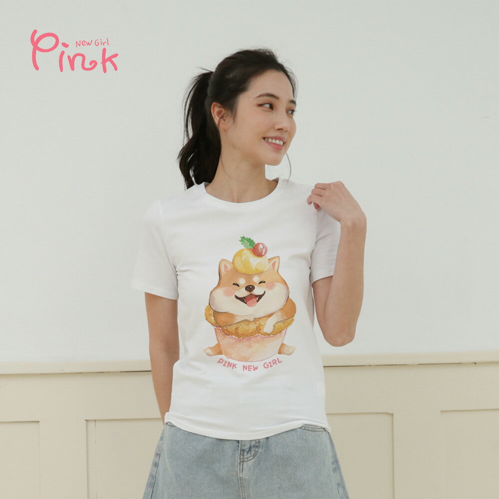 Pink* 隱身柴犬蛋糕插畫風舒棉T (2色)