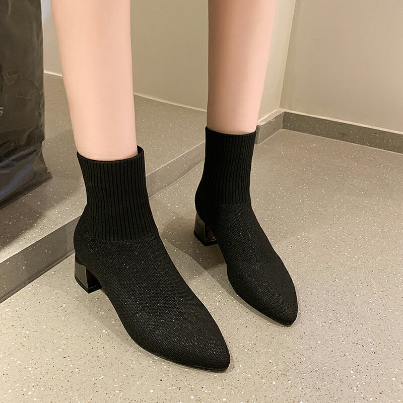 網紅靴子2021秋冬新款時尚短靴尖頭粗跟高跟馬丁靴針織彈力襪靴女