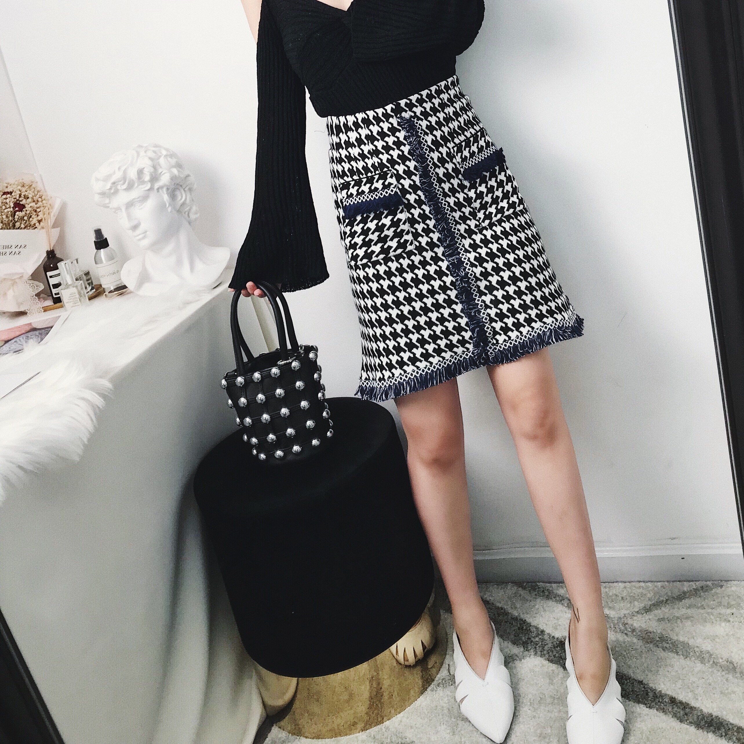 FINDSENSE品牌 秋季 新款 韓國原裝 女 氣質 顯腿長 復古 千鳥格子 毛邊高腰裙 半裙 時尚 潮流裙子