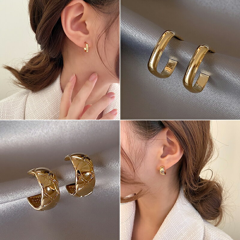 塔蘭簡約格紋耳環女ins小眾設計素圈925銀針耳釘韓國氣質網紅耳飾