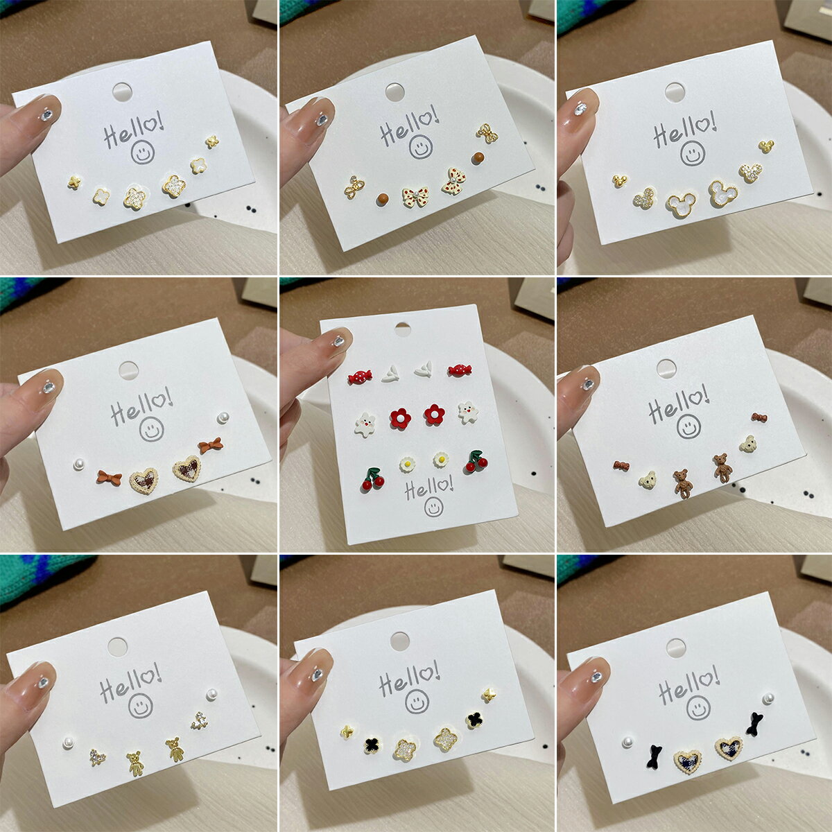 S925銀針秋冬咖色可愛小熊耳釘女套裝2021年新款小巧精緻學生耳環
