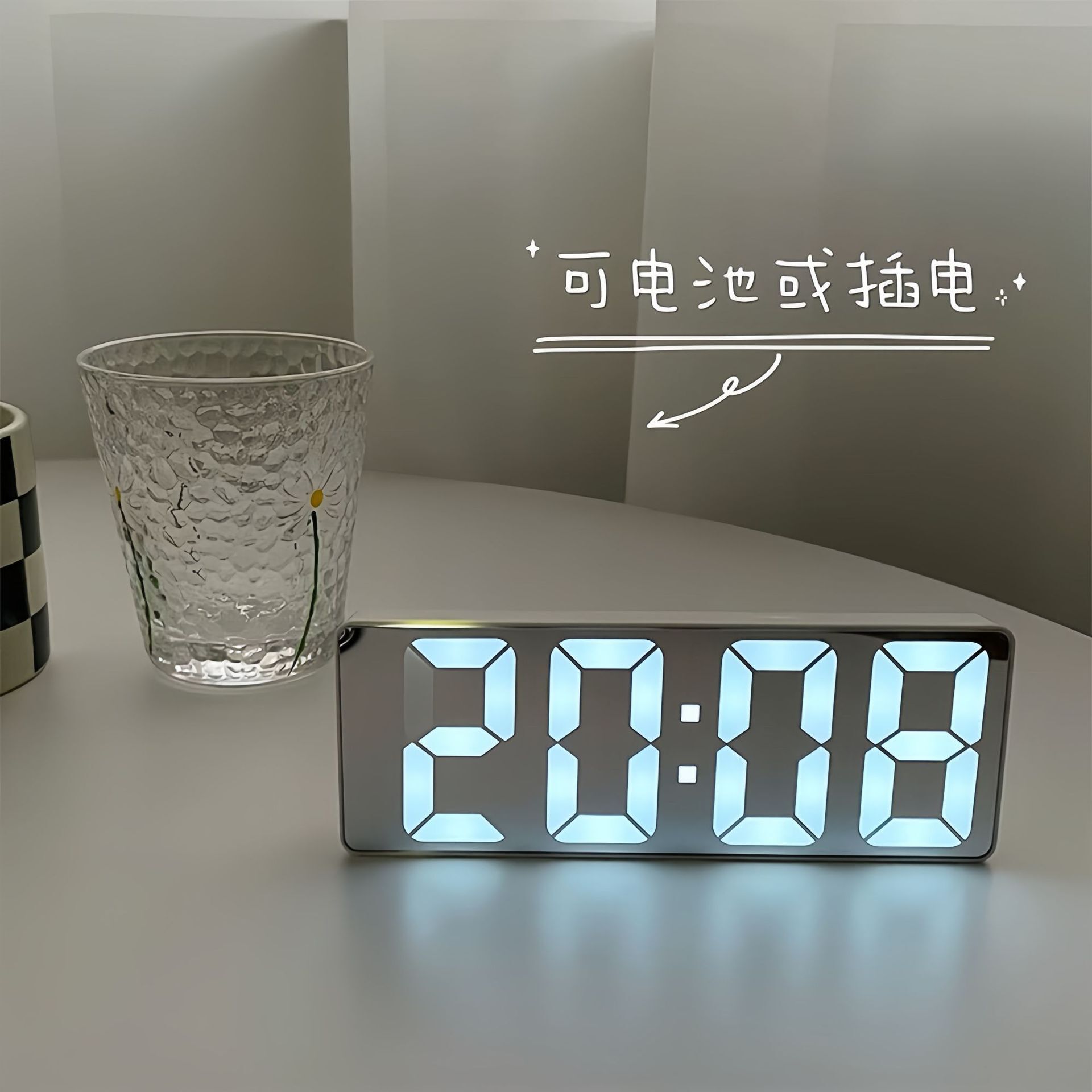 鬧鐘鏡面數字時鐘led夜光靜音桌面床頭臺式學生智慧電子鐘表擺件【Snowbelle優選】