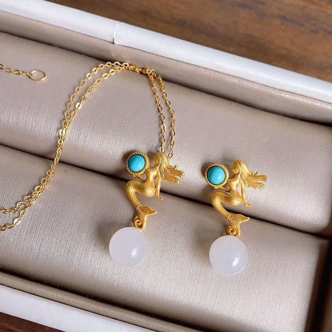 【墜享】S925純銀鑲嵌天然和田玉白玉圓珠美人魚吊墜中國風銀飾品