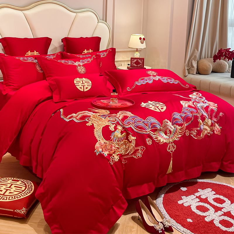 高檔中式龍鳳結婚四件套大紅色床單床笠被套刺繡喜被婚慶床上用品
