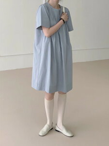 韓國夏季寬松簡約減齡壓褶小個子圓領短袖連身裙女