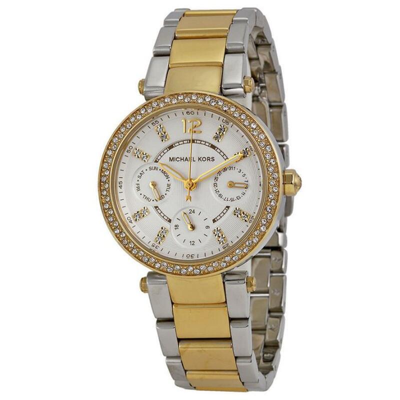 『Marc Jacobs旗艦店』美國代購 Michael Kors 金銀雙色精鋼錶帶水鑽三眼計時腕錶